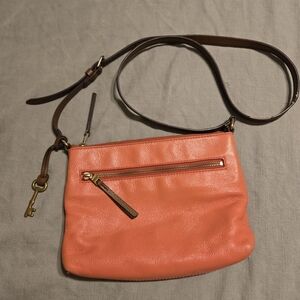 Fossil Coral/orange and Brown Crossbody Bag with Adjustable Strap